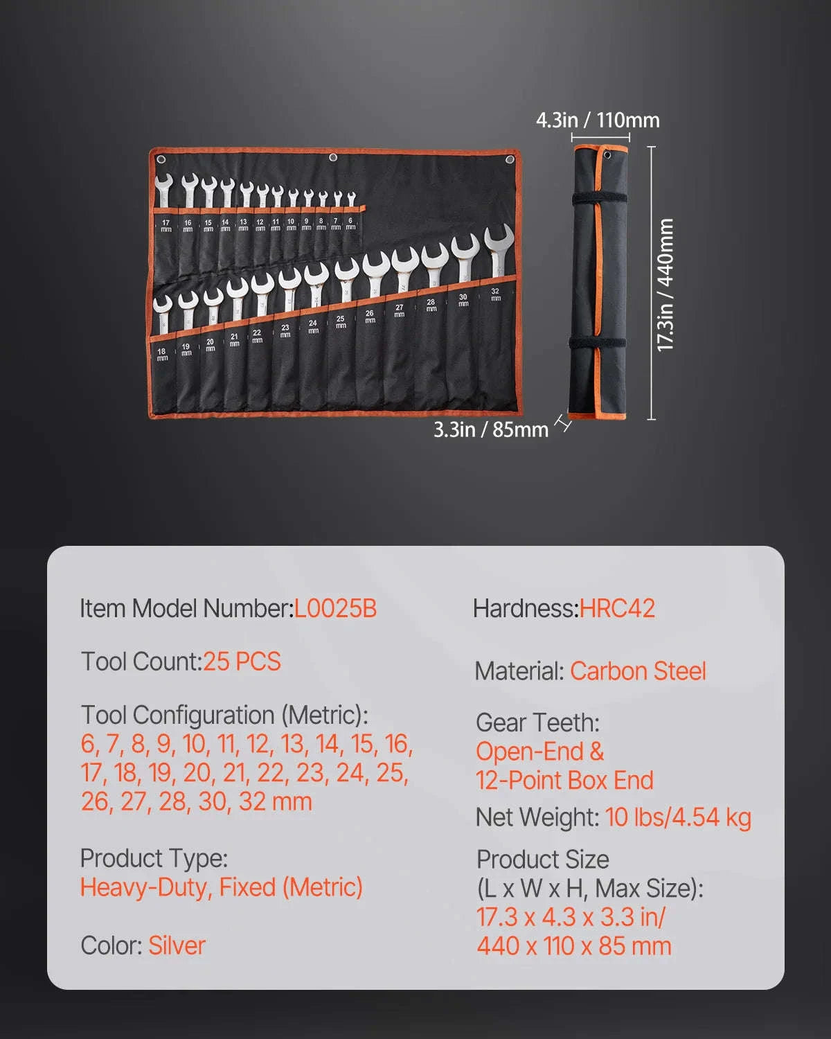 25-Piece Combination Wrench Set with Roll-Up Pouch, Metric 6 mm to 32 mm, Carbon Steel-25 PCS / United States