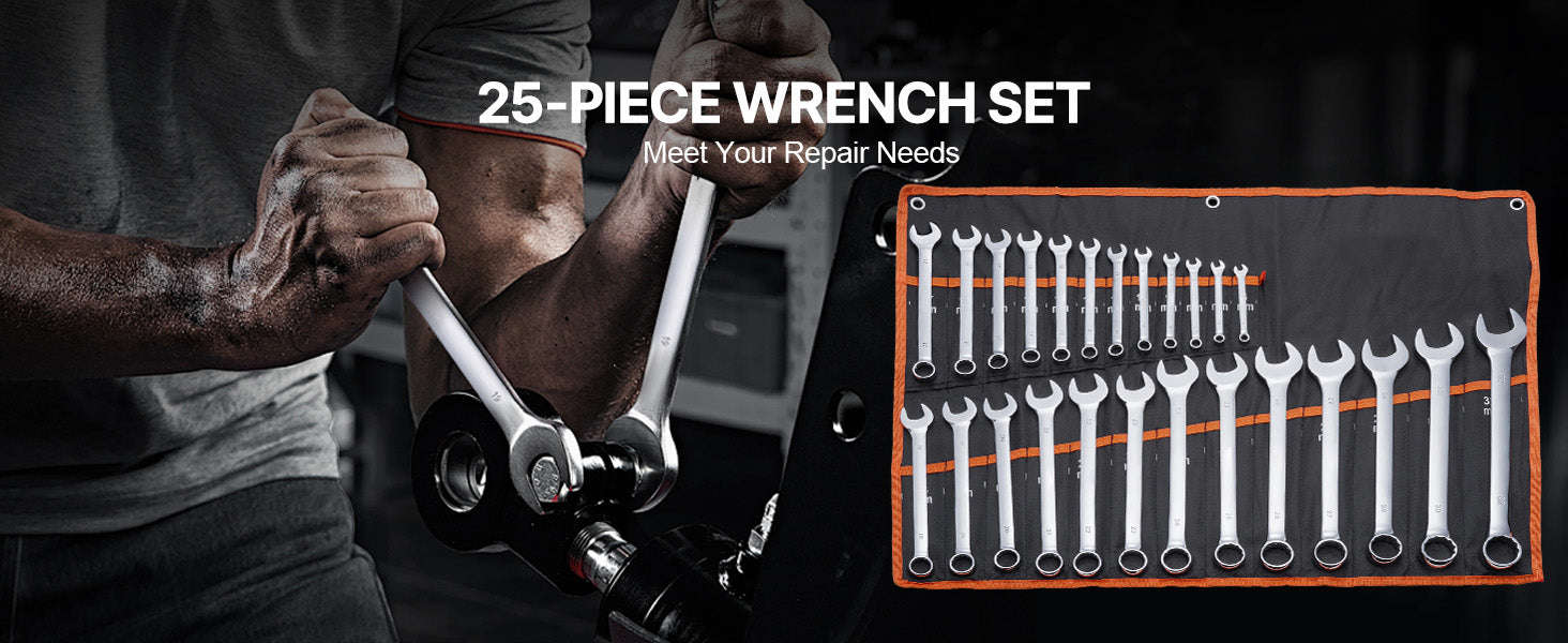 25-Piece Combination Wrench Set with Roll-Up Pouch, Metric 6 mm to 32 mm, Carbon Steel-25 PCS / United States