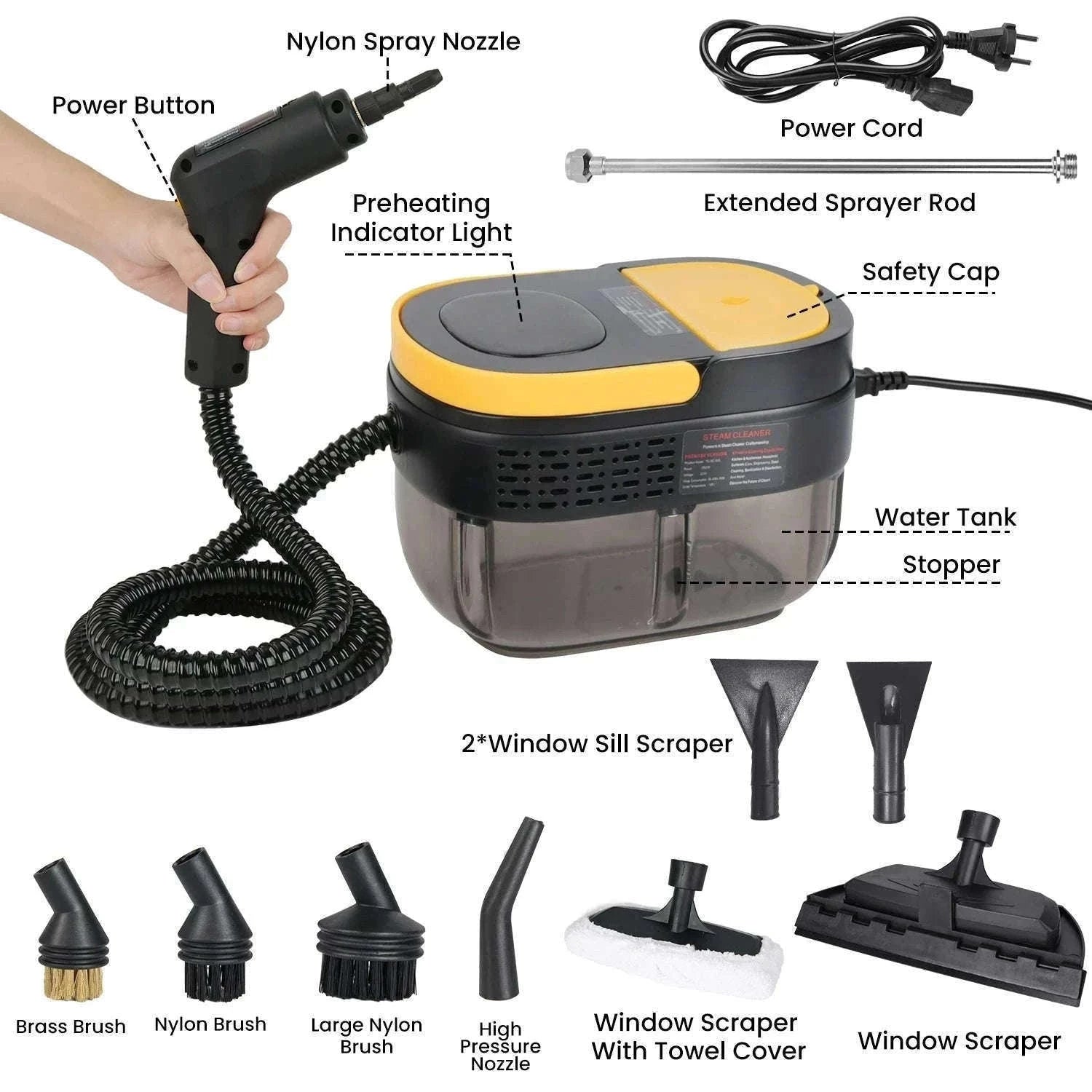 2500W Handheld Steam Cleaner with 3Bar Pressure & 1600ML Tank-Yellow / france / 220 V|EU