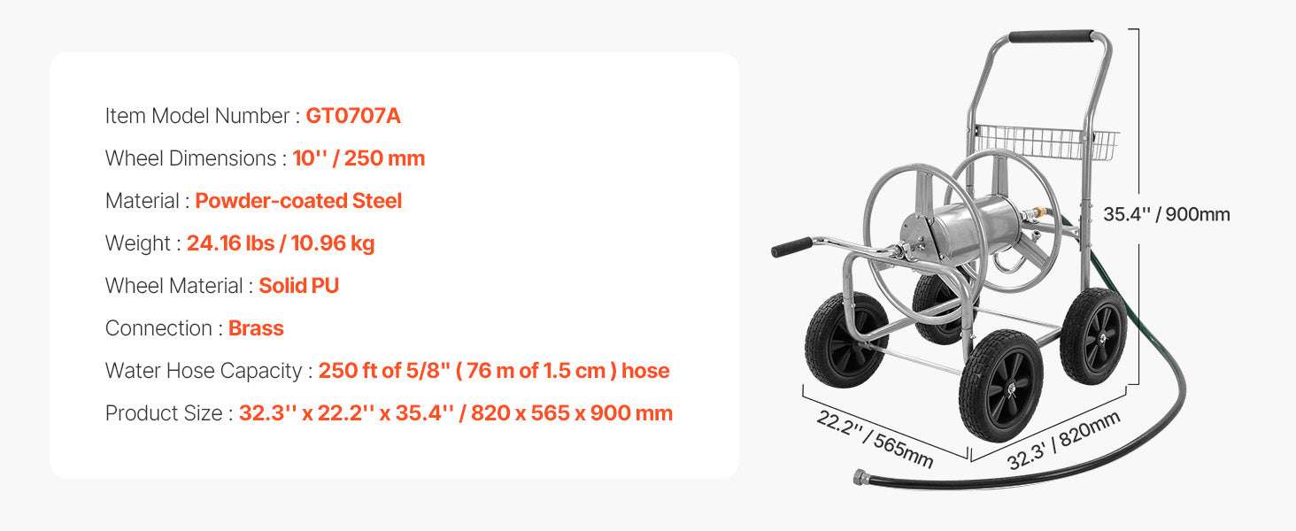 250ft Heavy Duty Garden Hose Reel Cart with Steel Frame & Wheels-250ft / Other / 200ft|United States