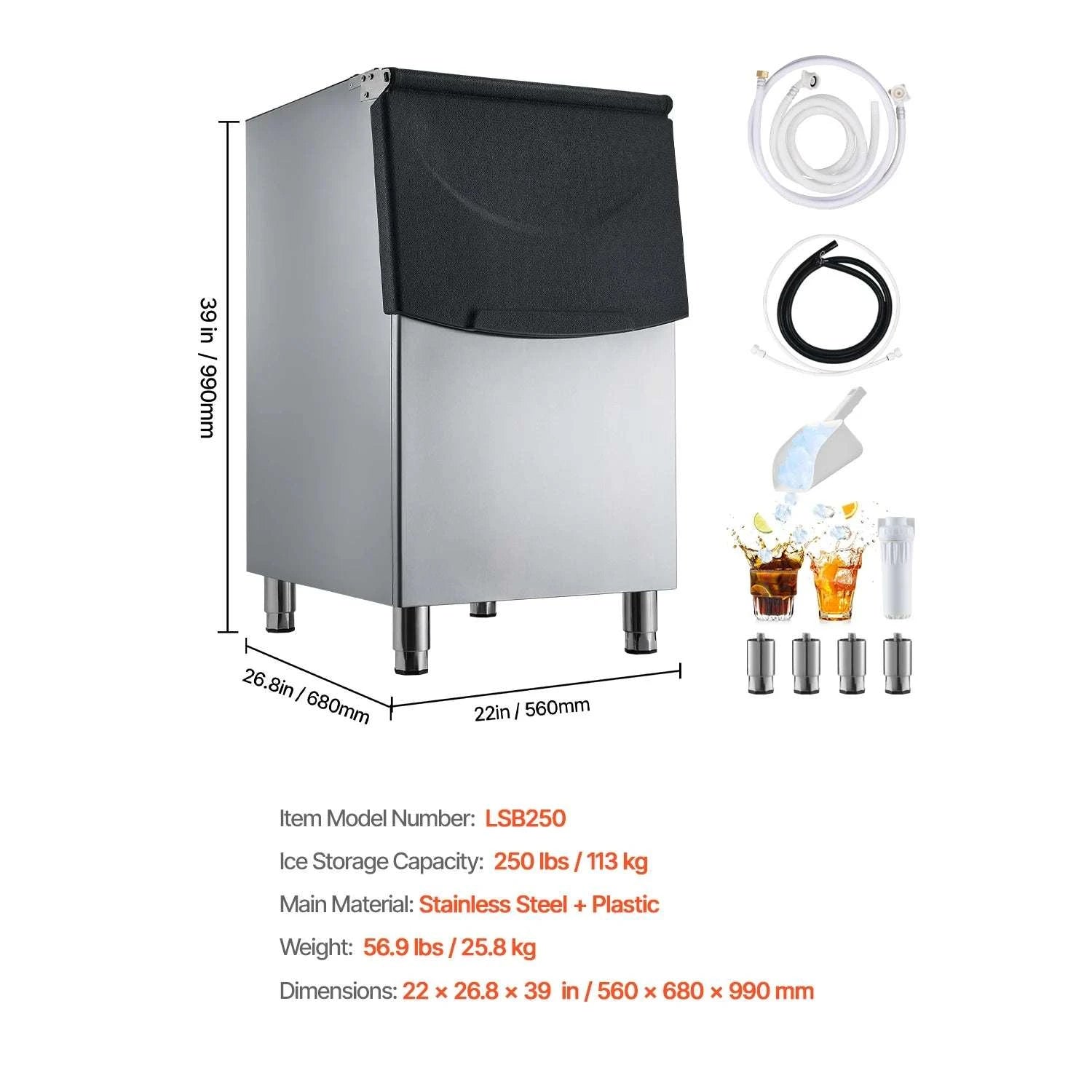 250LB Commercial Ice Maker with Storage Bin & Water Filter-250lbs / United States