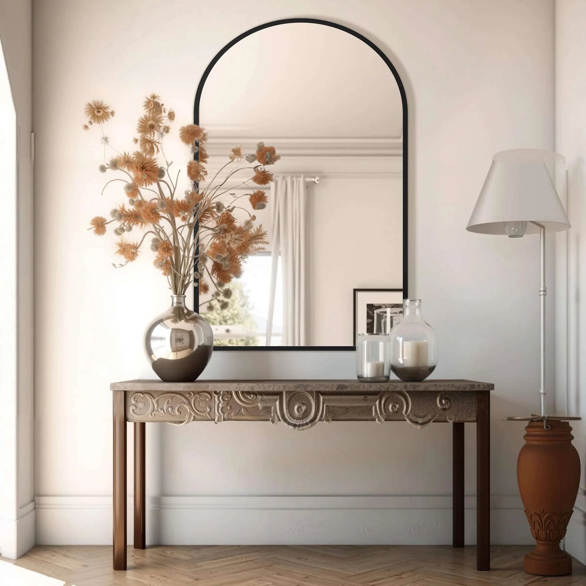 26x38 Arched Wall Mirror with Metal Frame & HD Glass-38L x 26W Black / United States