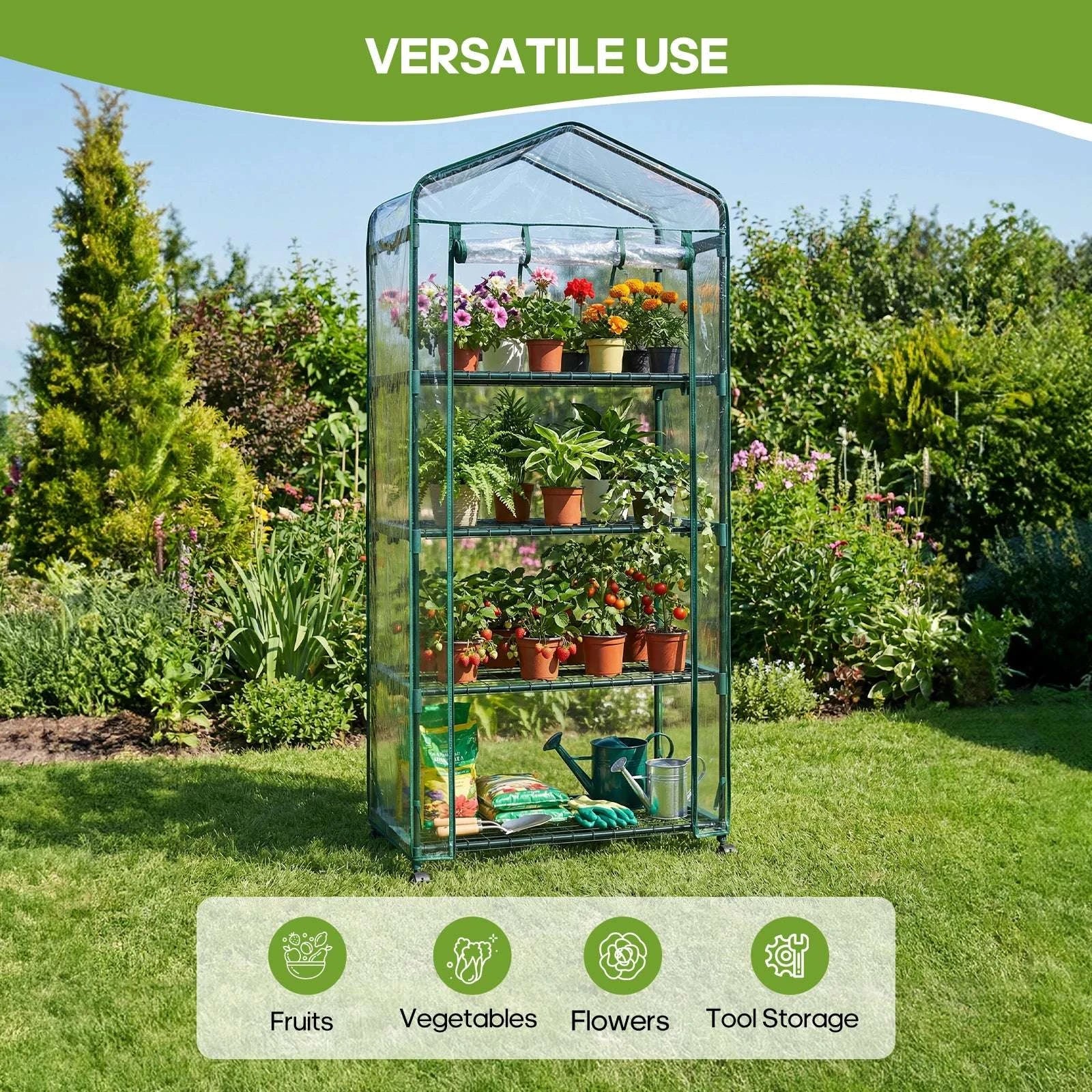 27-Inch 4-Tier Portable Greenhouse with Wheels Indoor Outdoor Rack-Clear / United States