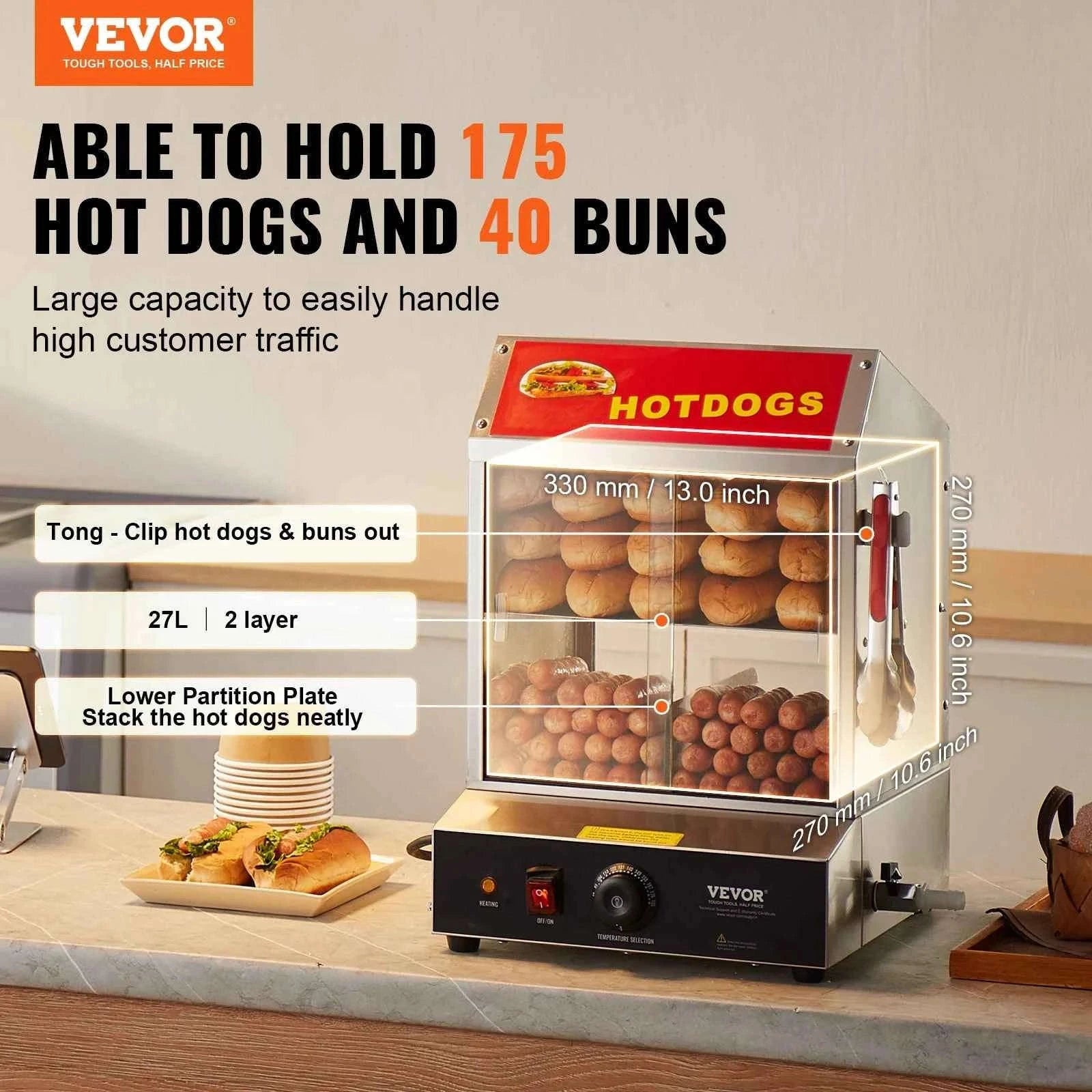 27L 2-Tier Hot Dog Steamer with Temperature Control and Bun Warmer-27 L / United States