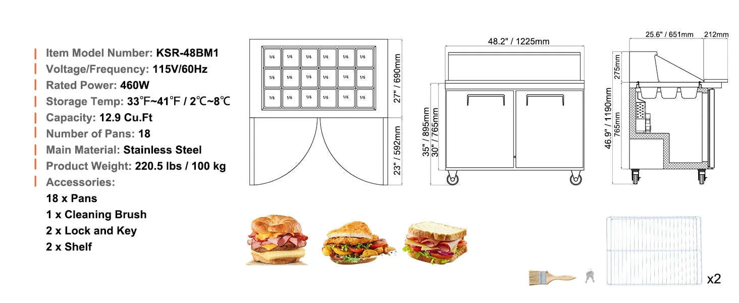 28 Inch Commercial Refrigerator Sandwich & Salad Prep Table 7.4 Cu. Ft.-12pans / United States
