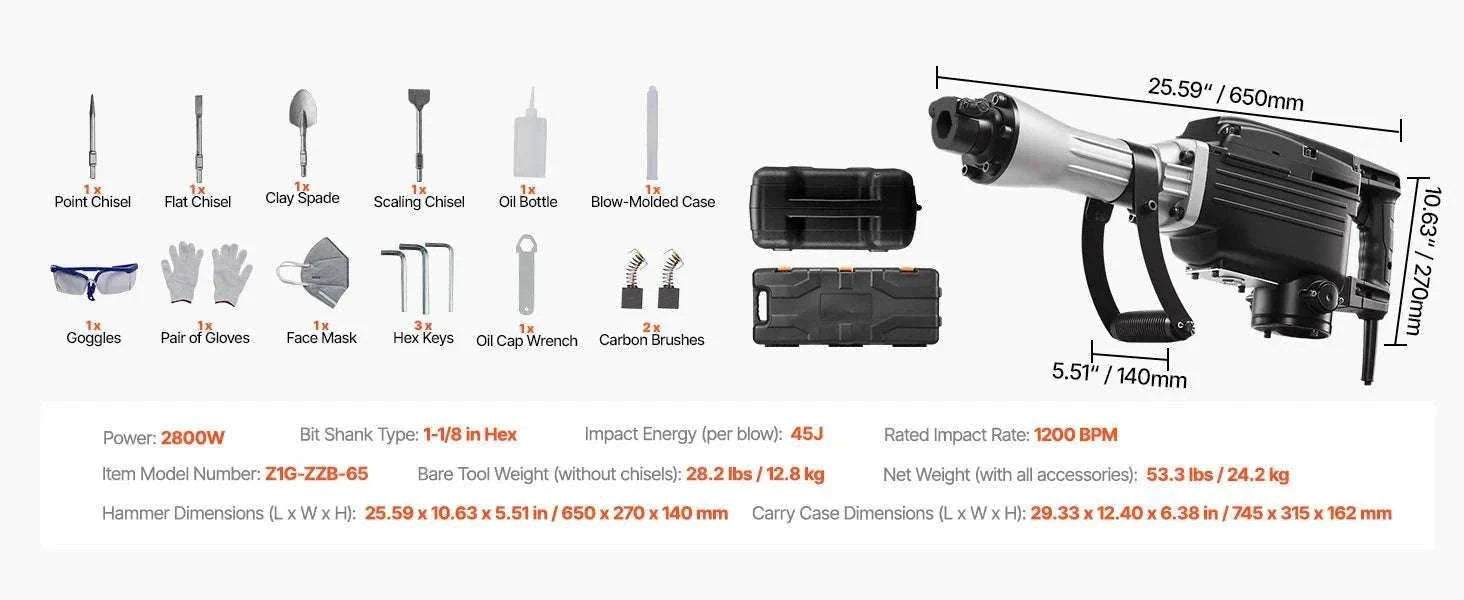 2800W Electric Demolition Jack Hammer 1200 BPM Concrete Breaker Kit-3000W 1PC / spain
