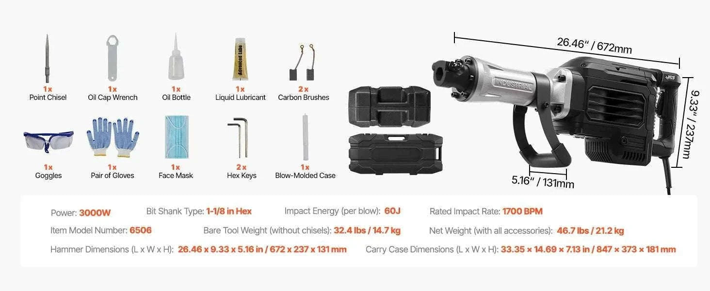 2800W Electric Demolition Jack Hammer 1200 BPM Concrete Breaker Kit-3000W 1PC / spain