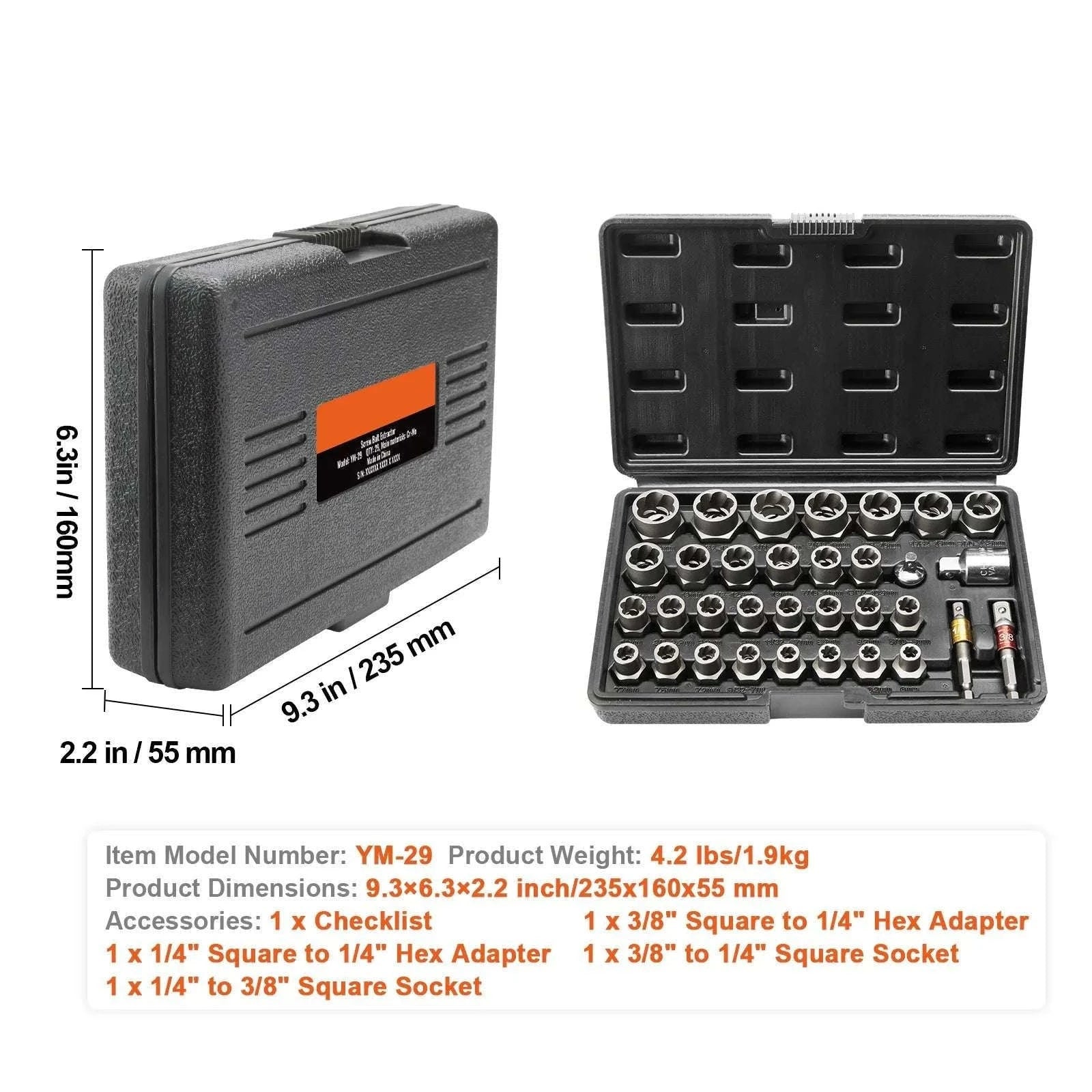 29-Piece Bolt Extractor Set for Removing Stripped Rusty Nuts-29PCs w Case / United States