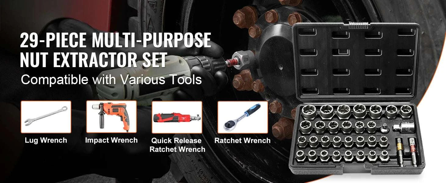 29-Piece Bolt Extractor Set for Stripped, Rusted Nuts & Bolts-29PCs w Case / United States