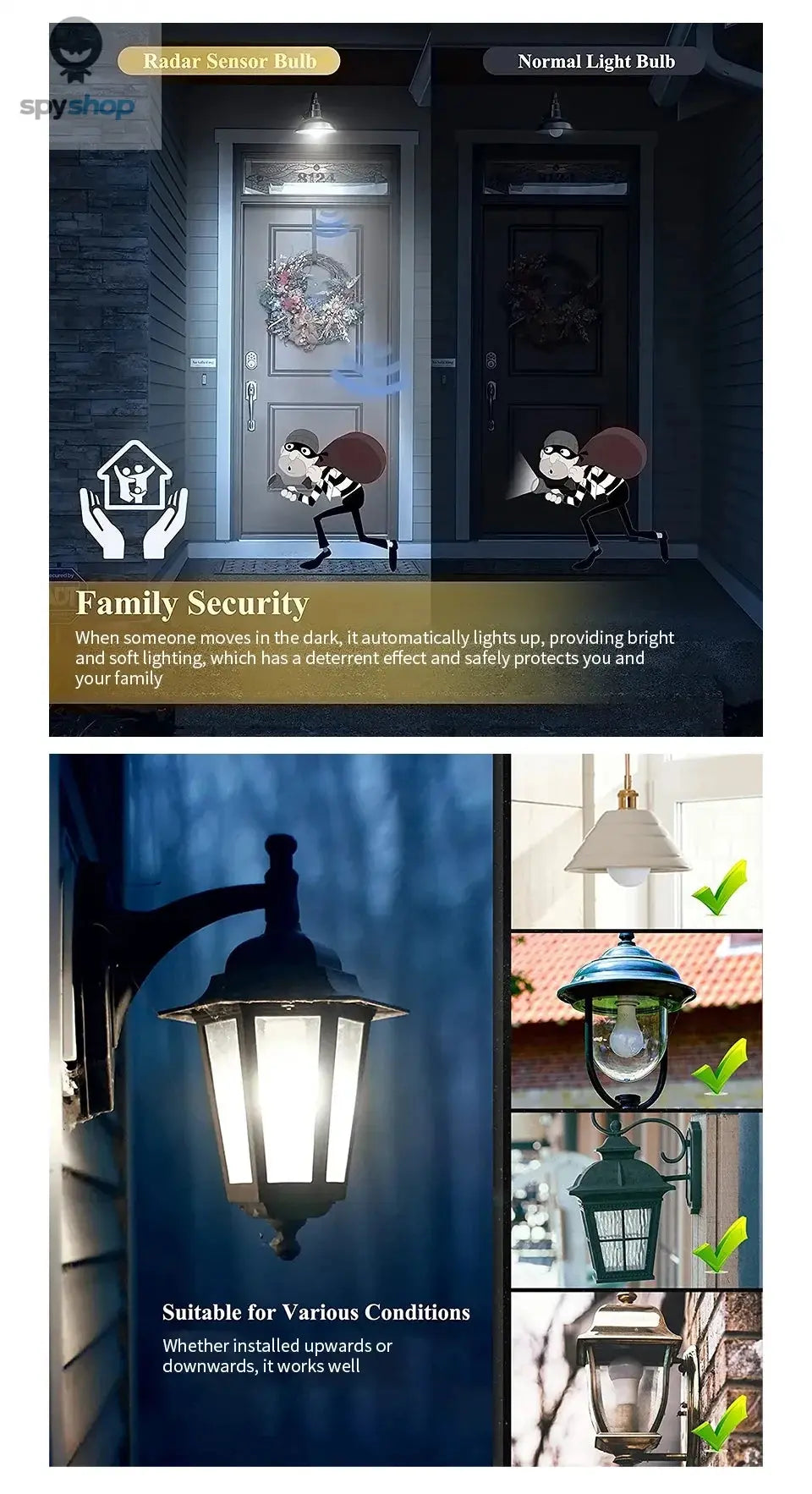 2PCS LED Bulb Light E27 12W Radar Motion Sensor 220V White Lamp Working in Night Auto On for Home Living Room Stairs Pathway Spy-shop.com