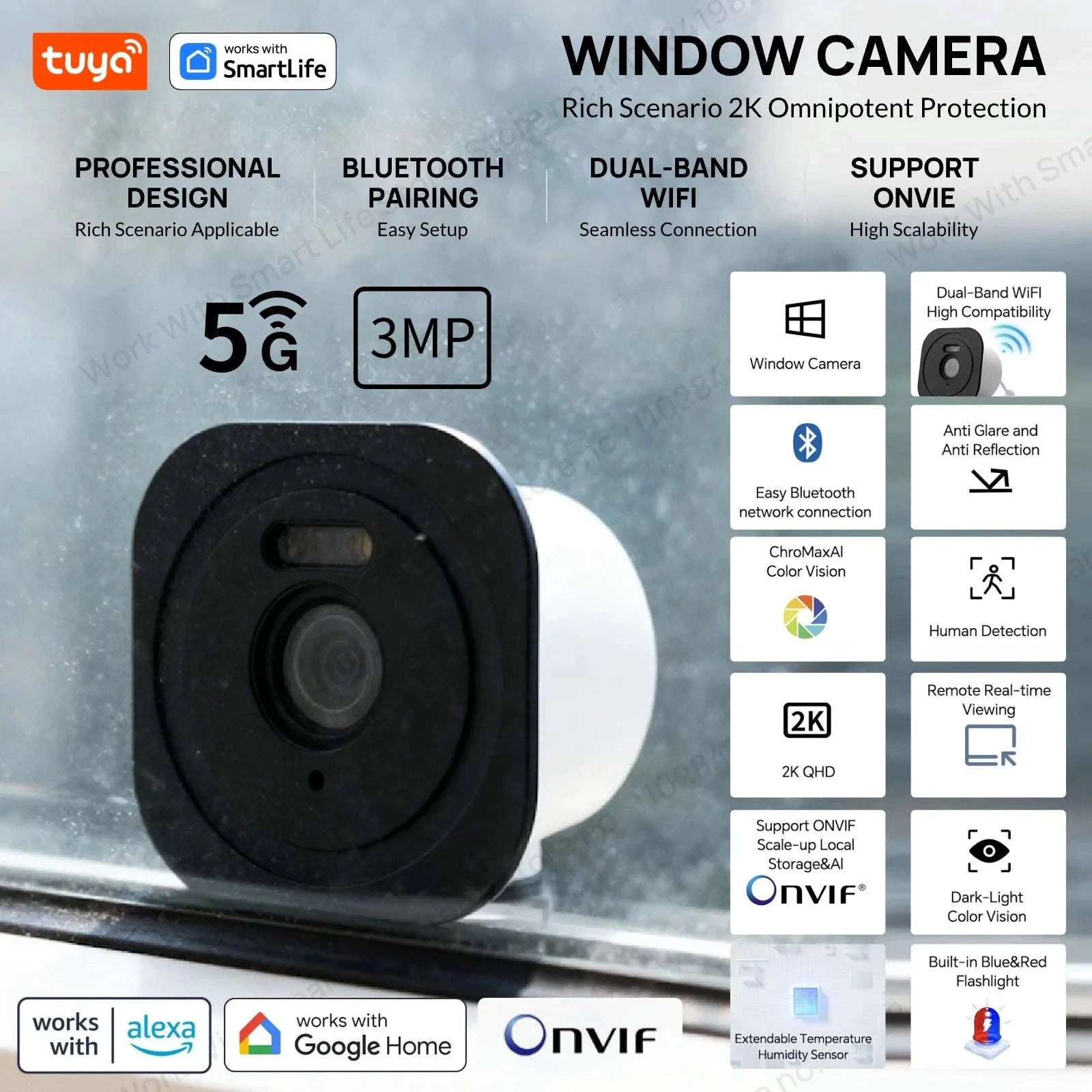 2K 3MP Window Security Camera with Color Night Vision & Dual WiFi-3MP 2.4G5G 1 Pack / China Mainland