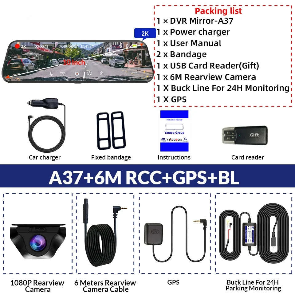 2K Dash Cam Mirror with GPS & WiFi, Dual Lens Night Vision-A37 10M RCC BL GPS / None