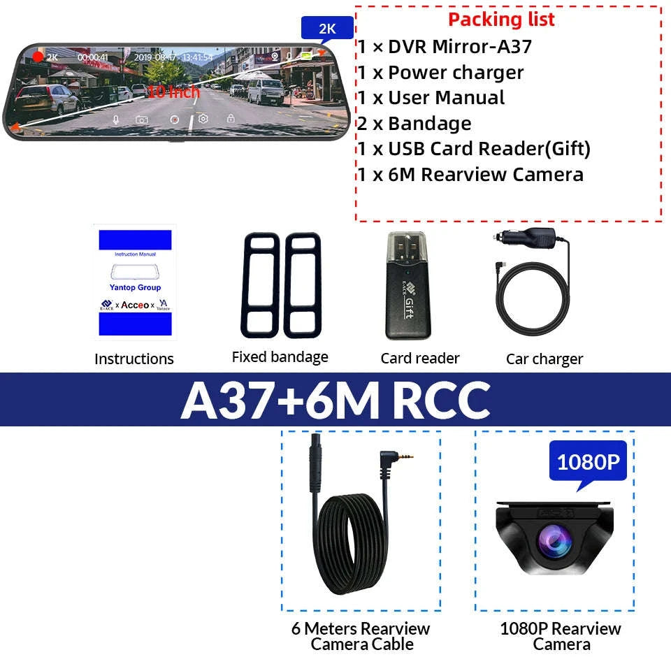 2K Dash Cam Mirror with GPS & WiFi, Dual Lens Night Vision-A37 10M RCC BL GPS / None