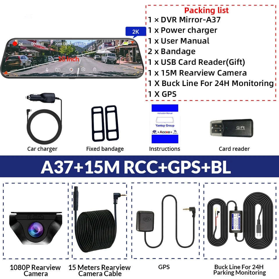 2K Dash Cam Mirror with GPS & WiFi, Dual Lens Night Vision-A37 10M RCC BL GPS / None