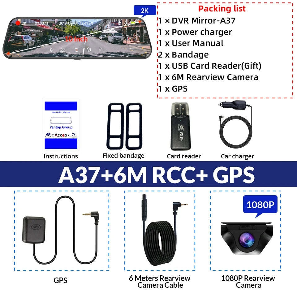 2K Dash Cam Mirror with GPS & WiFi, Dual Lens Night Vision-A37 10M RCC BL GPS / None