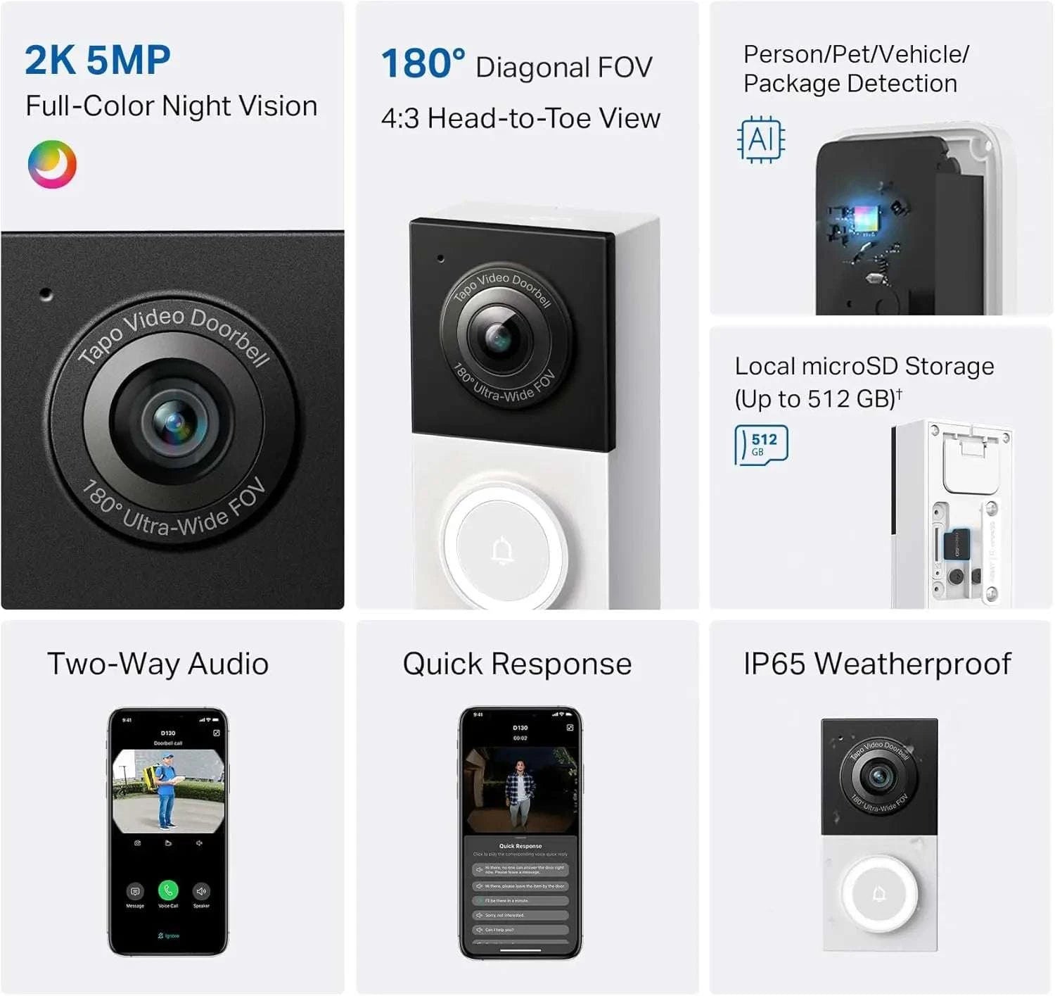 2K Smart Video Doorbell with 180° View, AI Detection & Night Color-United States