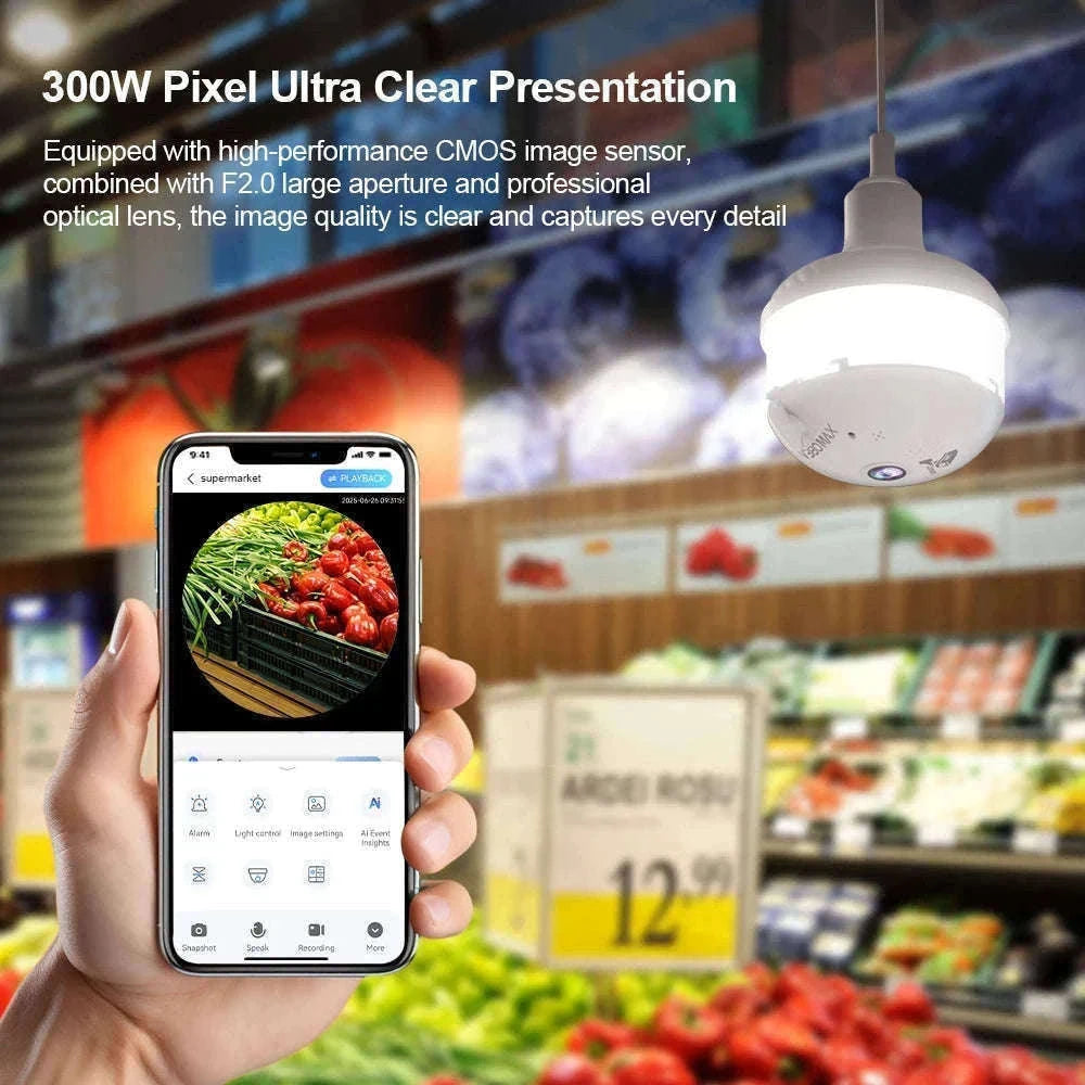 2K WiFi Bulb Camera with 360° Panoramic Night Vision-D8-WIFI-add 128GB / No plug