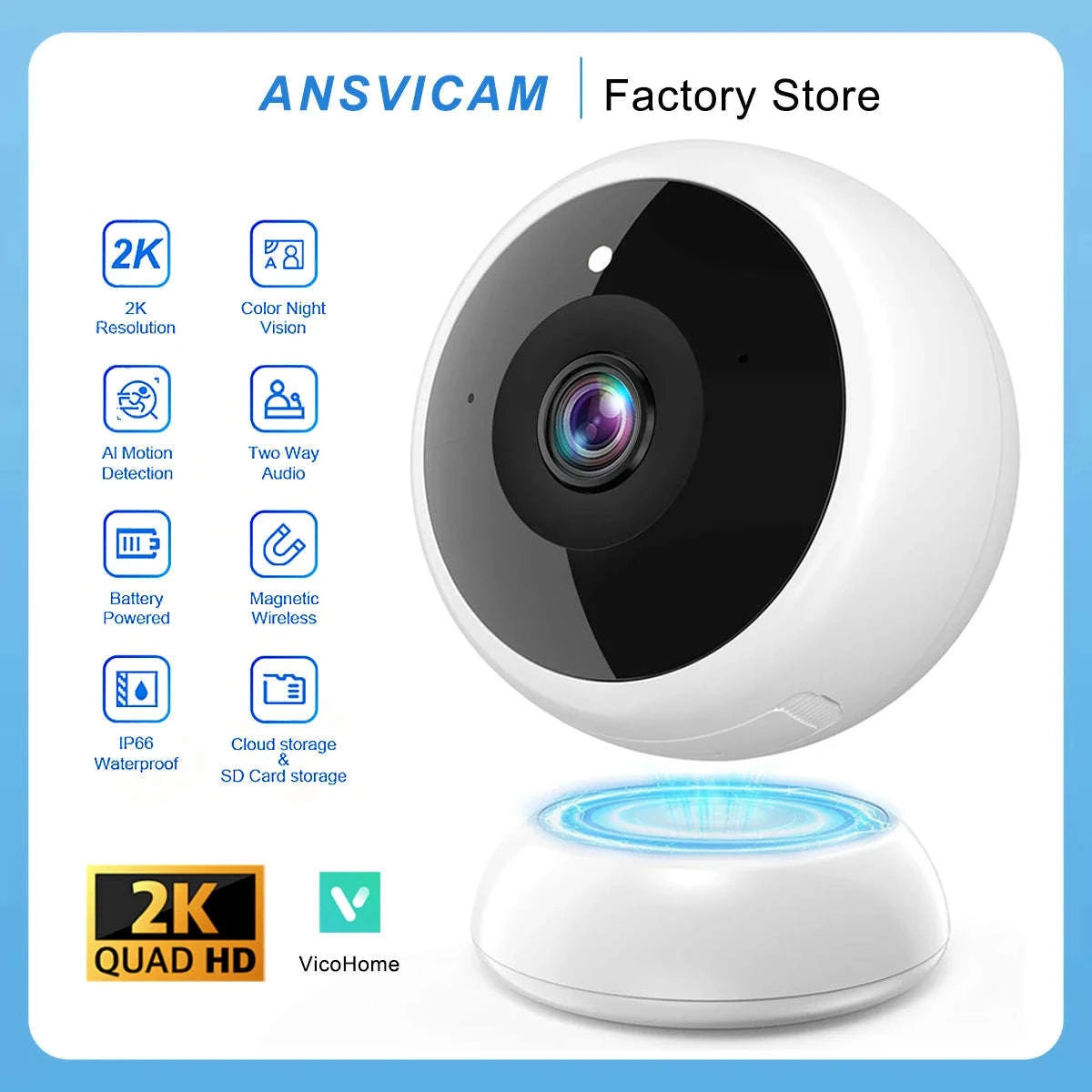 2K WiFi Security Camera Outdoor Magnetic Wireless with Night Vision-White