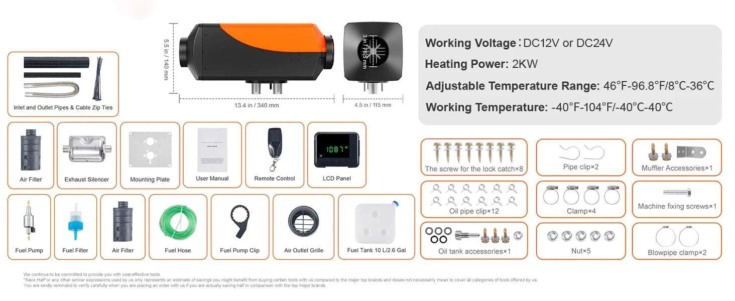 2KW Diesel Air Heater 12V with Remote LCD for RV Truck Boat-2KW LCD / United States