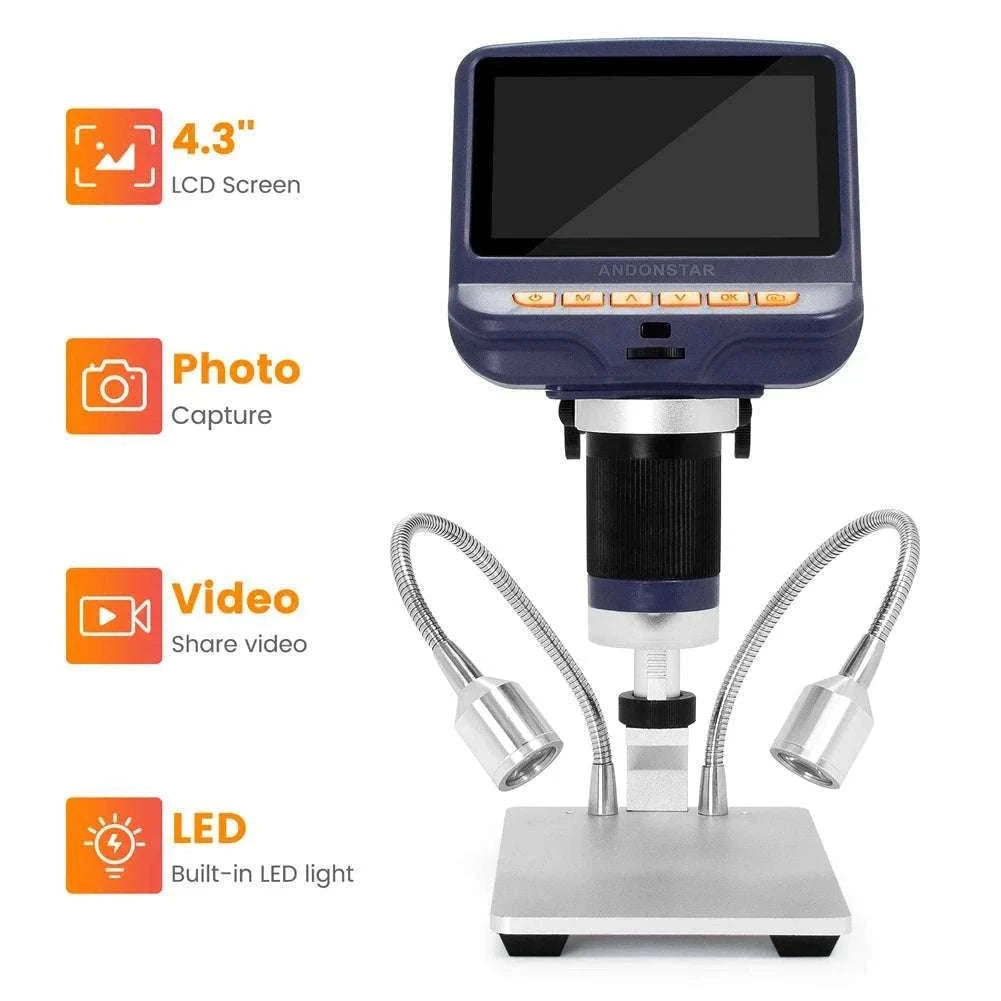 2MP 1080P Digital Microscope with 4.3" Screen, 220X Zoom-Silver
