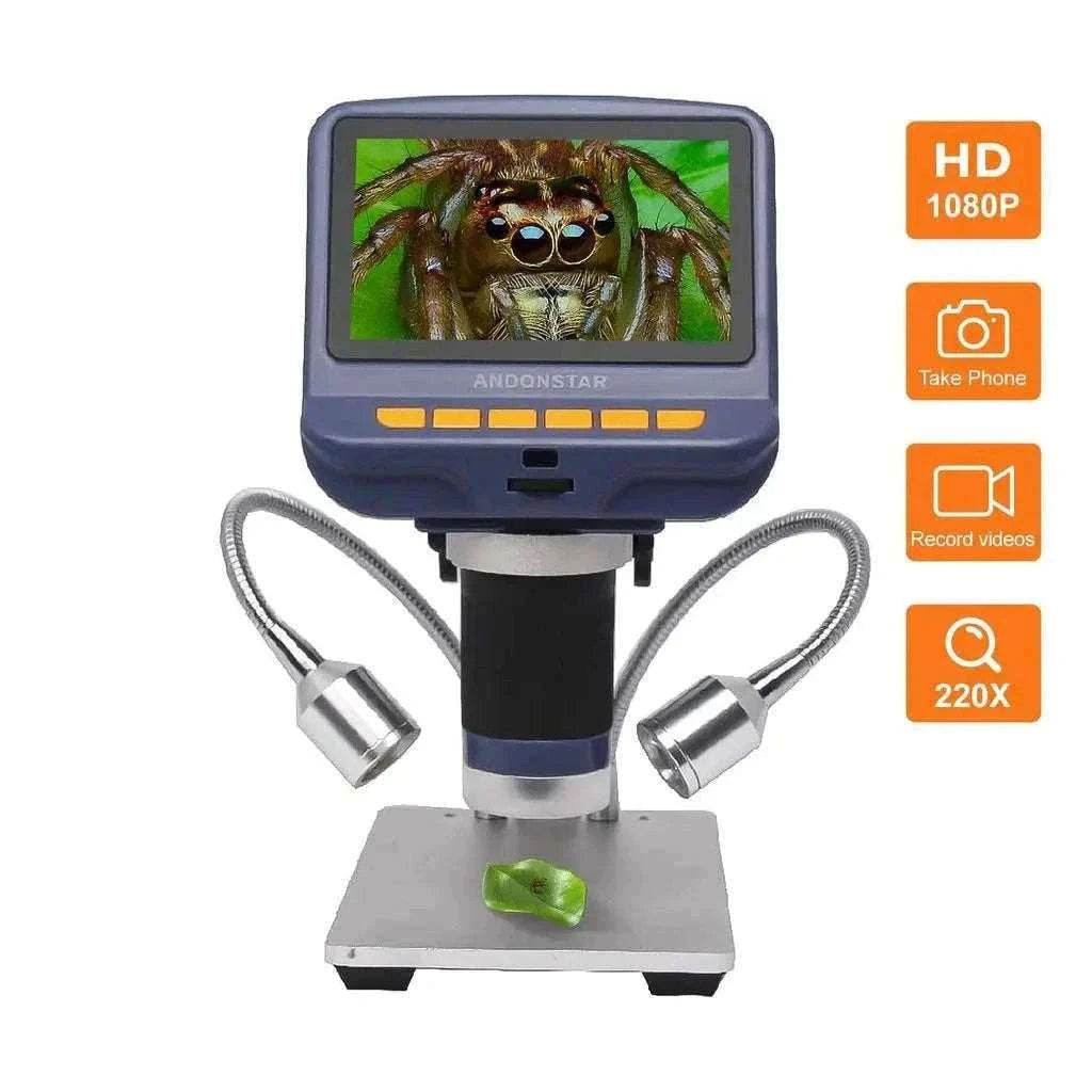 2MP 1080P Digital Microscope with 4.3" Screen, 220X Zoom-Silver