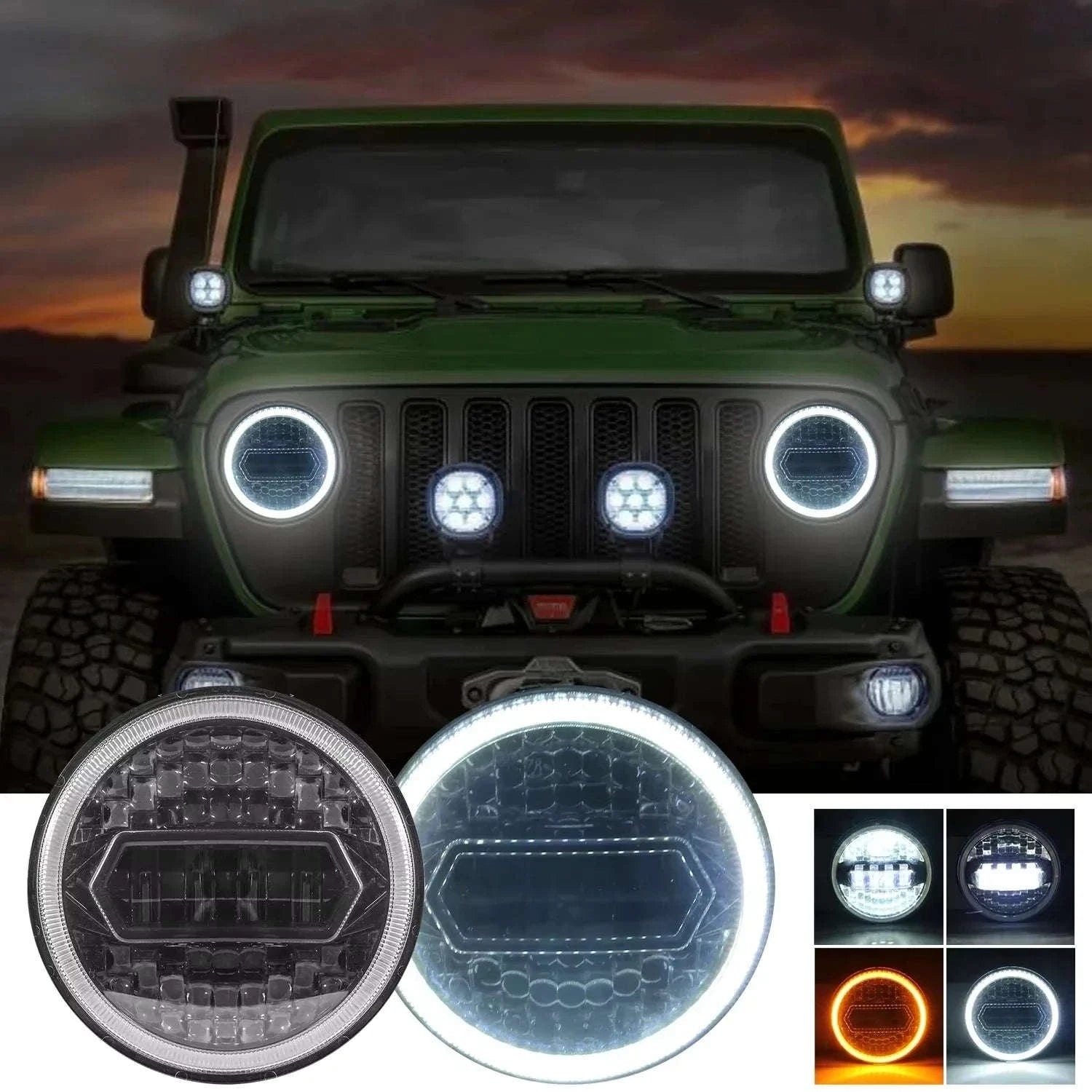 2PCS 7 Inch LED Round Headlight with DRL and Angel Eye-2PCS(A Pair)