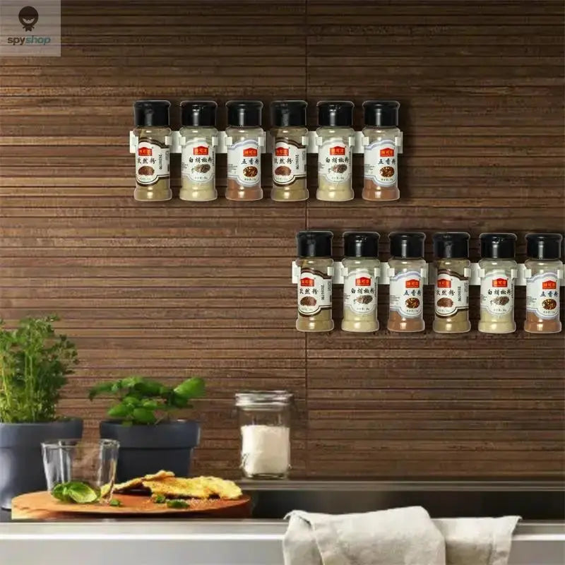 2pcs Grey Plastic Kitchen Jar Rack Wall-Mounted Adhesive Seasoning Bottles Holder Spice Bottle Holder Tool Kitchen Storage Rack Spy-shop.com