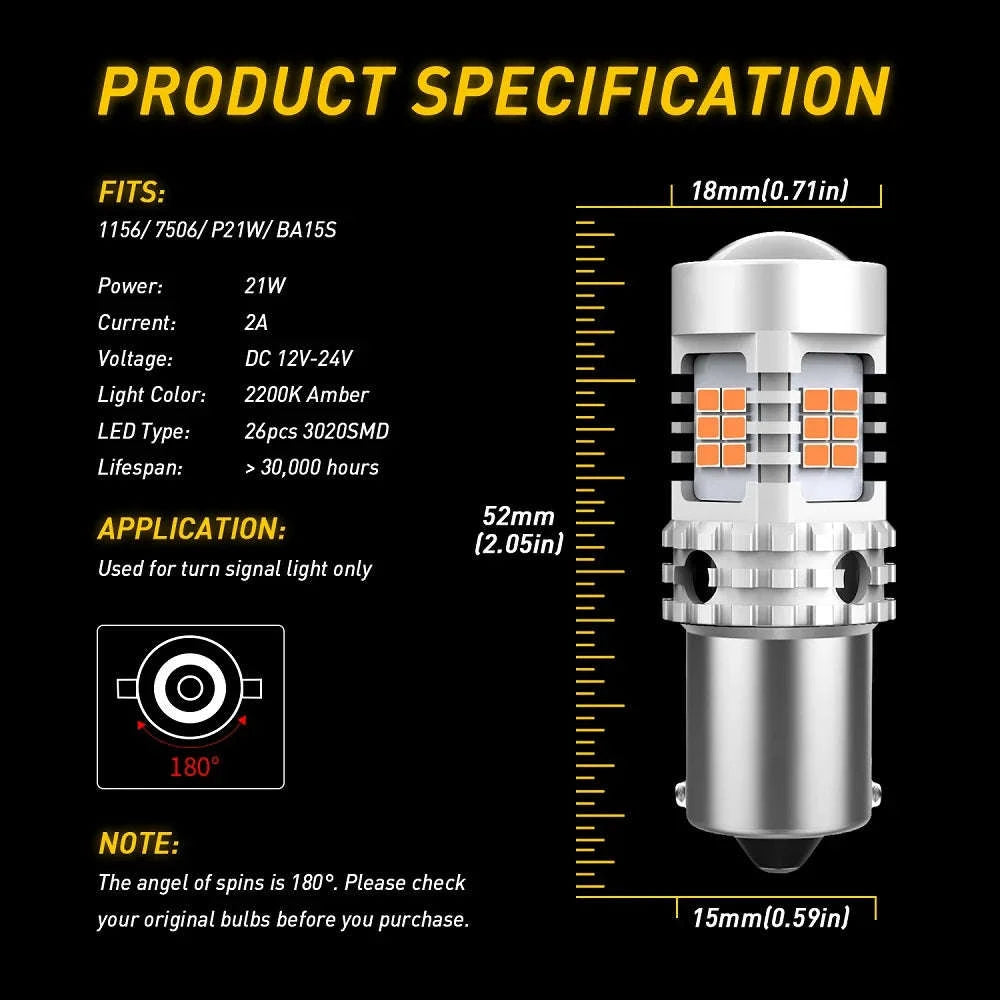 2pcs Amber LED Turn Signal Bulbs 12V 1156 BA15S-1156 BAU15S PY21W