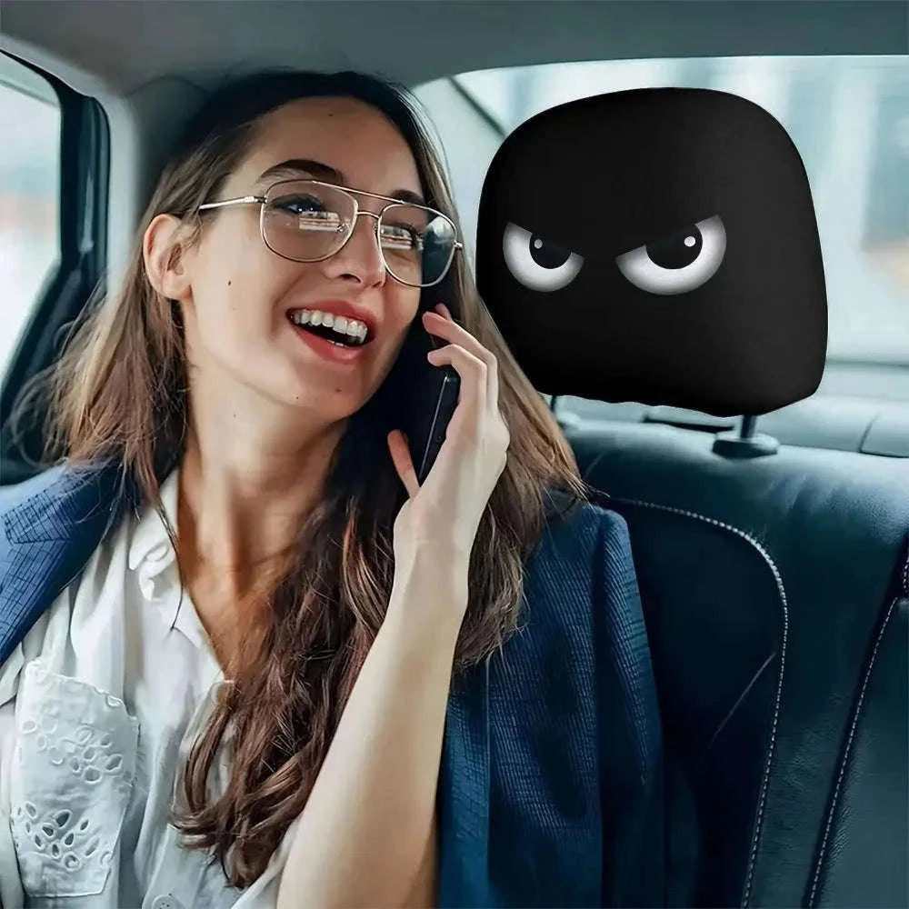 2PCS Cartoon Print Car Headrest Covers with Slanted Eyes-Black 2PCS