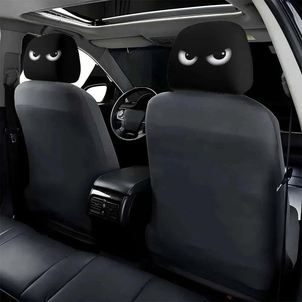2PCS Cartoon Print Car Headrest Covers with Slanted Eyes-Black 2PCS