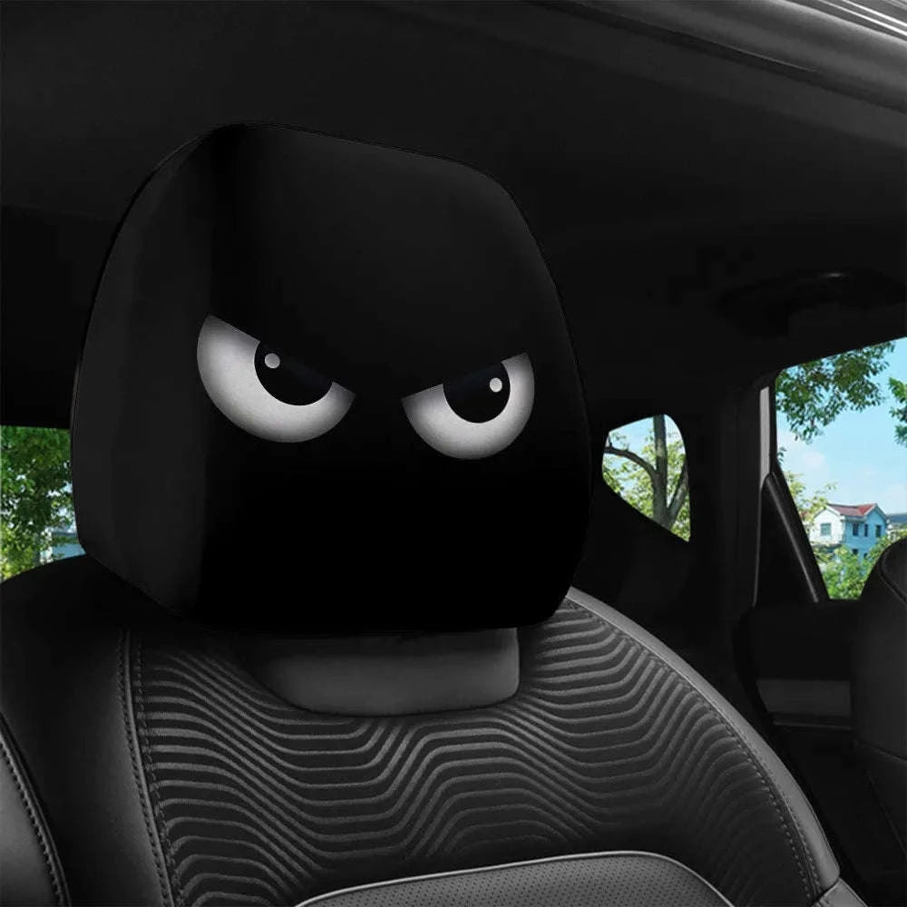 2PCS Funny Slanted Eyes Cartoon Print Car Headrest Covers-Black 2PCS