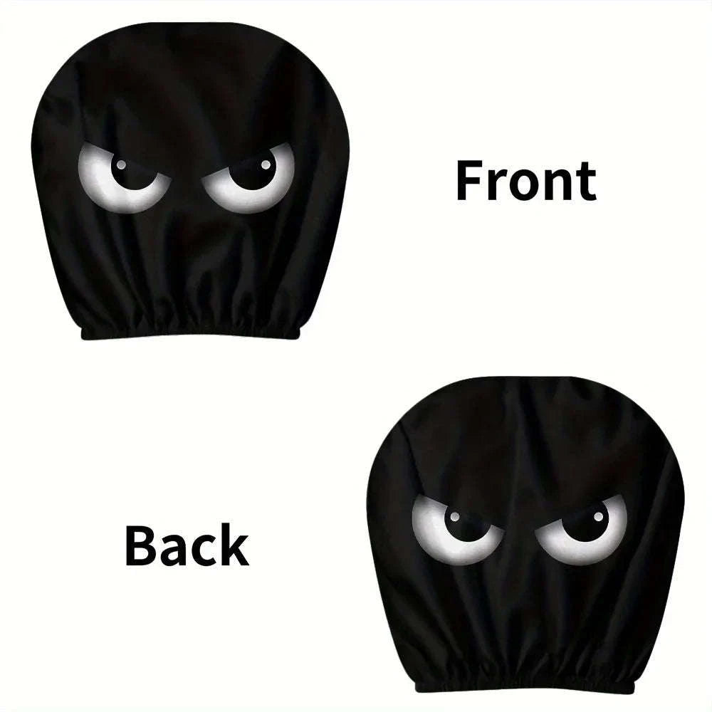 2PCS Funny Slanted Eyes Cartoon Print Car Headrest Covers-Black 2PCS