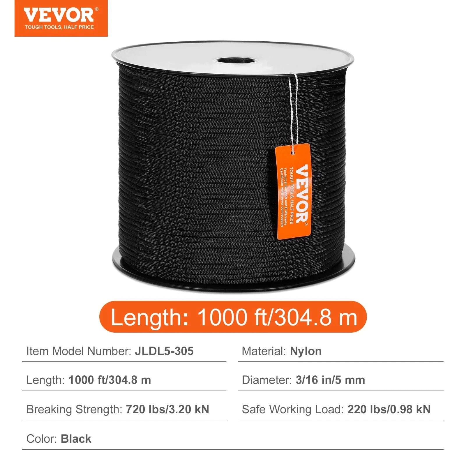 3/16" Nylon Rope 1000 ft 32-Strand Braided Cord with Reel-250ft / United States