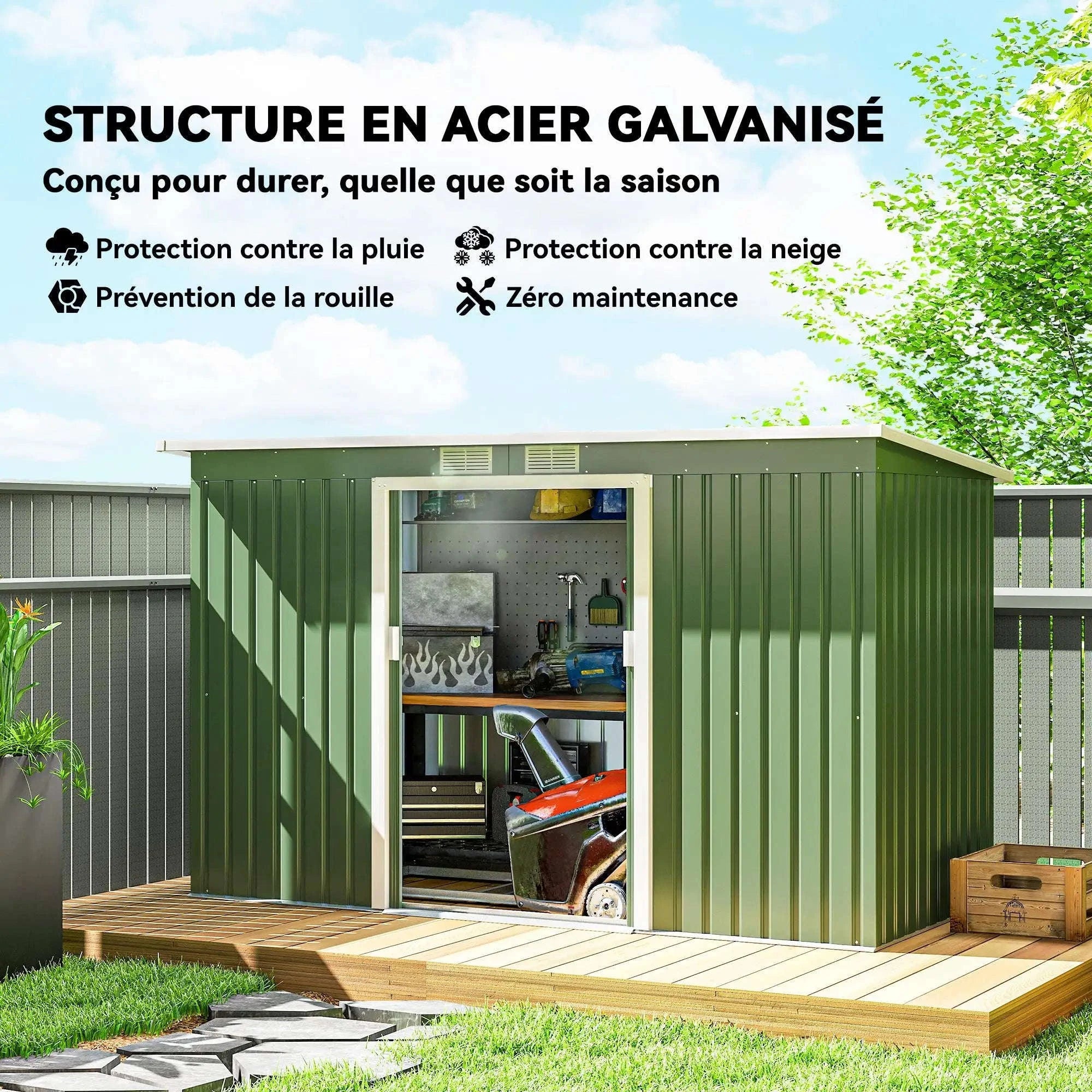 3.2m² Shed Garden Storage with Two Sliding Doors and Steel Base-green / france