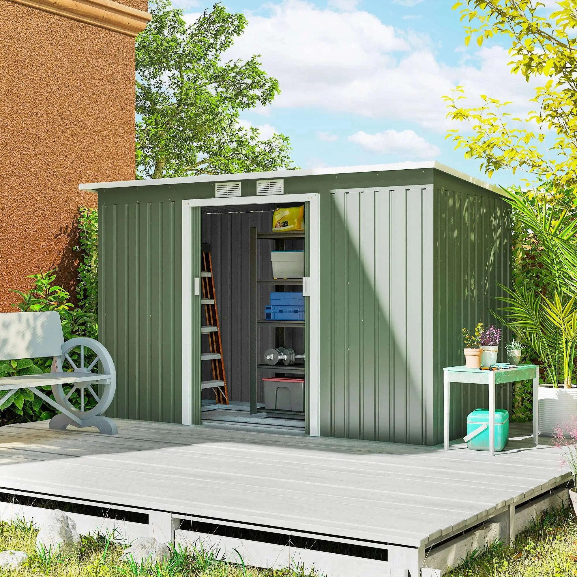 3.2m² Shed Garden Storage with Two Sliding Doors and Steel Base-green / france