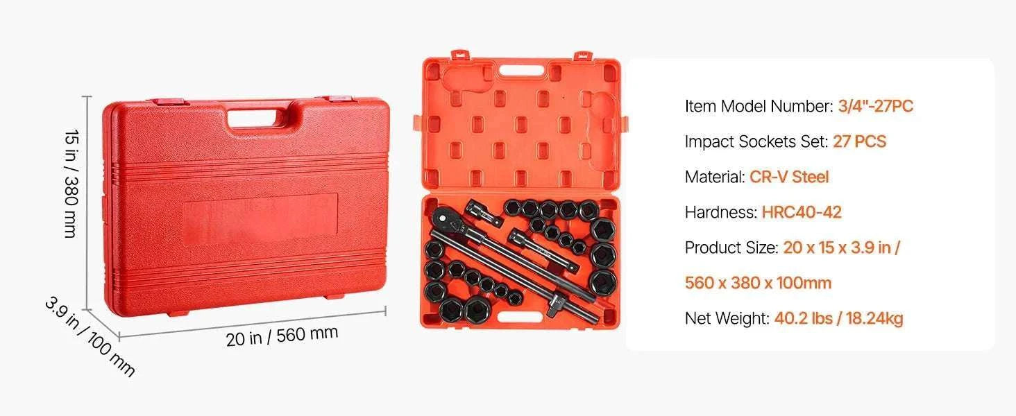 3/4" Drive Impact Socket Set 21PCS SAE Cr-V Steel with Case-21PCs / United States