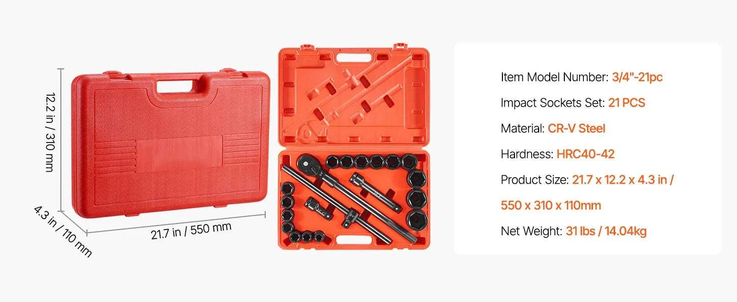 3/4" Drive Impact Socket Set 21PCS SAE Cr-V Steel with Case-21PCs / United States