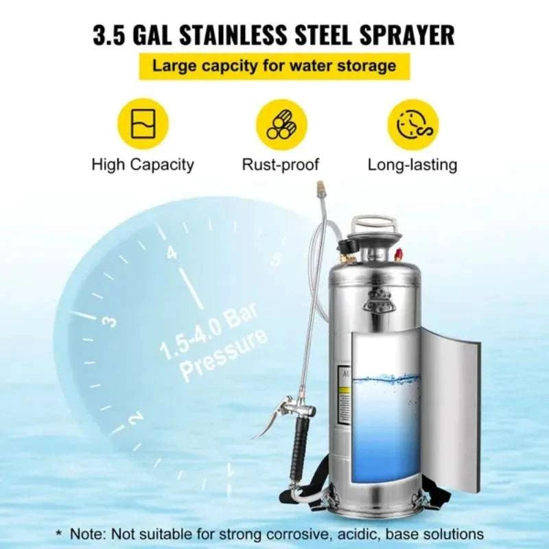 3.5 Gallon Stainless Steel Pump Sprayer with Wand & Pressure Gauge-United States