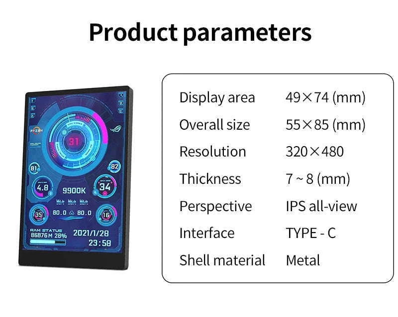 3.5 Inch IPS USB-C Secondary Screen for PC Stats-White-5Pin USB