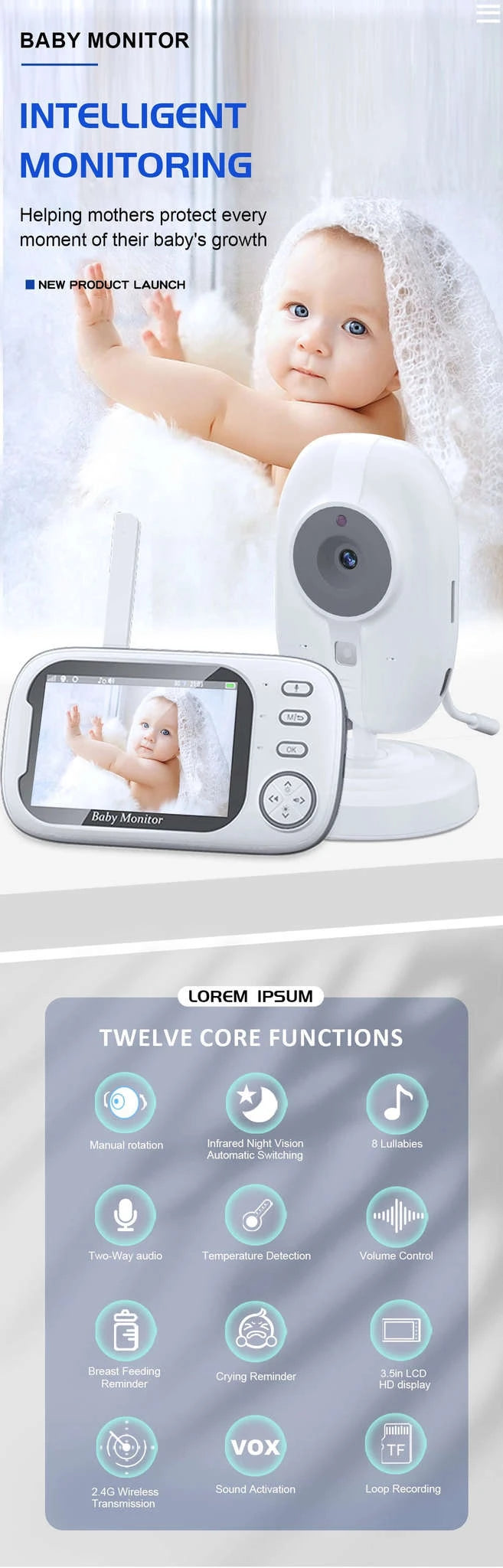 3.5-inch Wireless Baby Monitor with Night Vision & 2-Way Audio-Baby Monitor