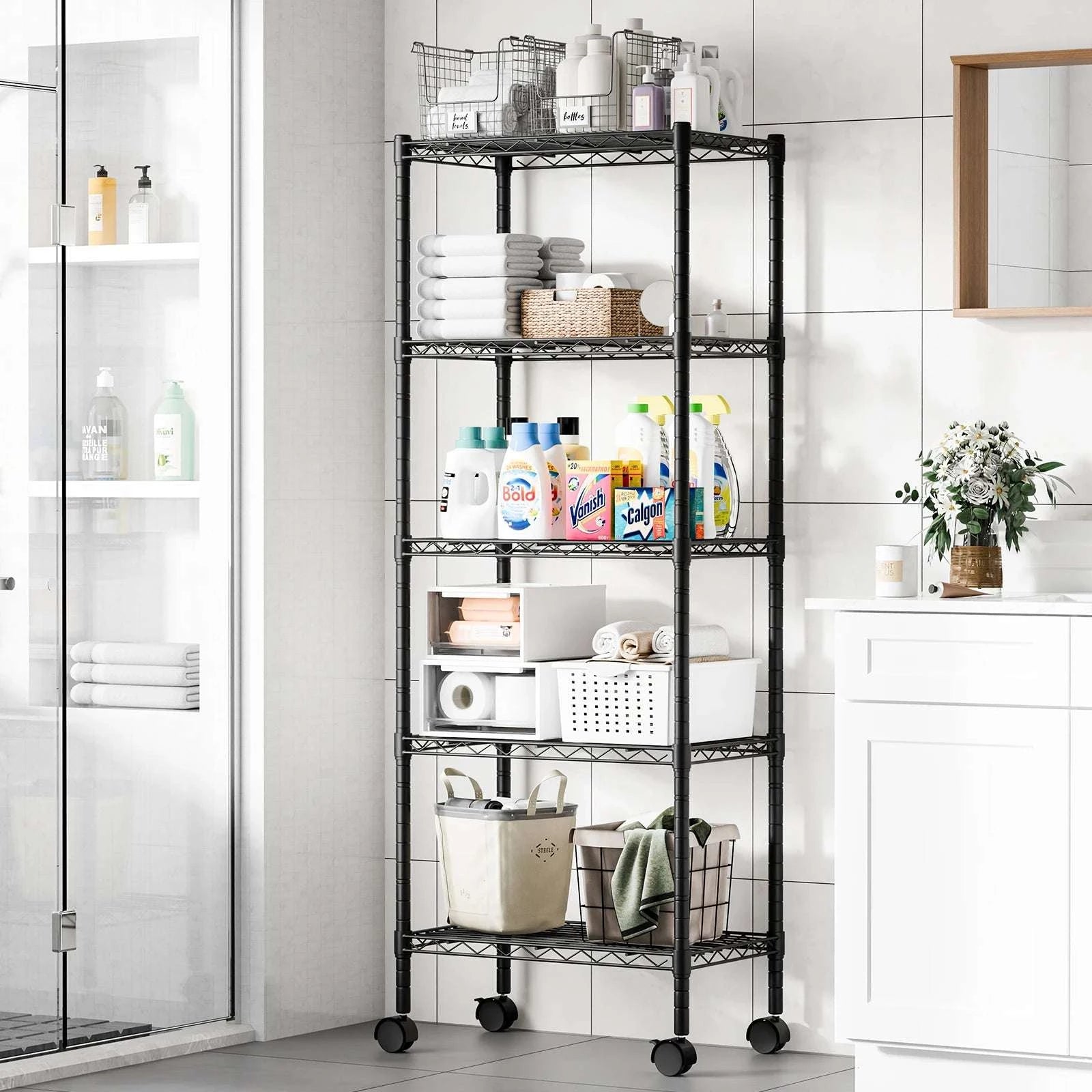 3–5 Tier Metal Grid Storage Shelf with Lockable Wheels-4-Tier / United States