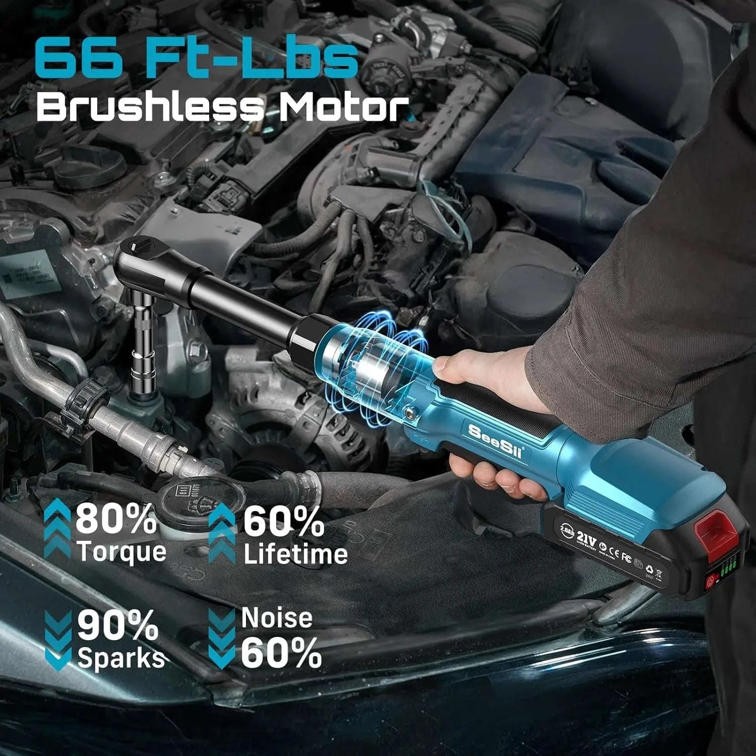 3/8" 21V Cordless Electric Ratchet Wrench 80Nm Extended Neck Rechargeable-Extended 80nm / Germany