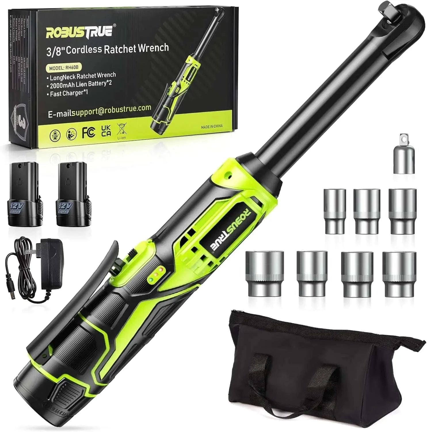 3/8 Cordless Ratchet Wrench Kit, 6-Inch Extended, 40 Ft-lbs, 400 RPM, 2.0Ah Battery-Full Kit 2 BAT / United States
