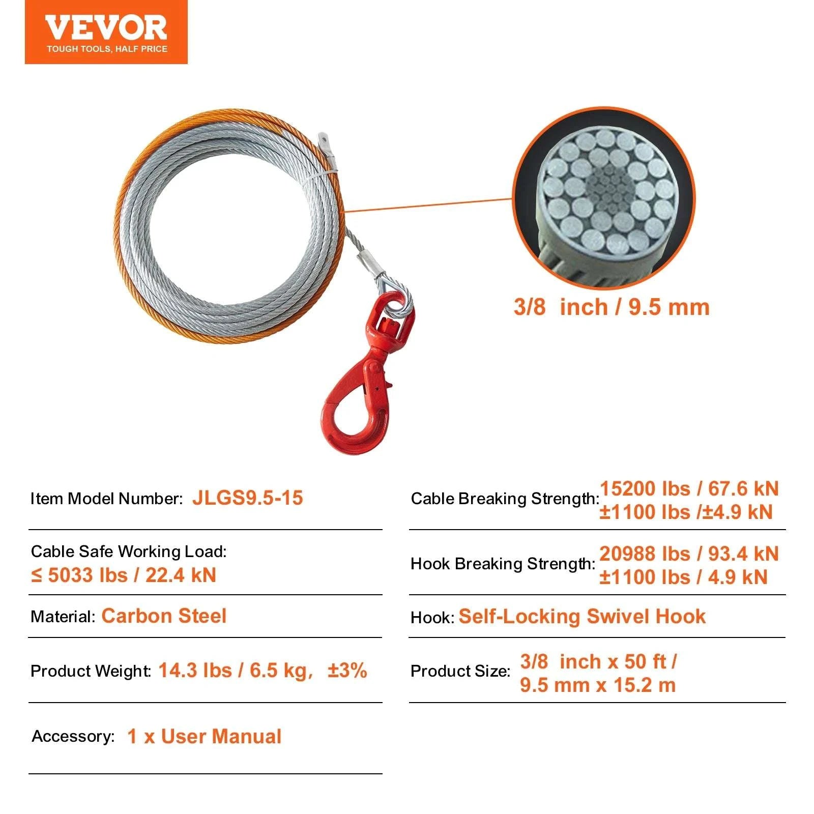 3/8" Steel Winch Cable 50–100 ft, 15,200 lb Strength for Off-Road-100ft / United States