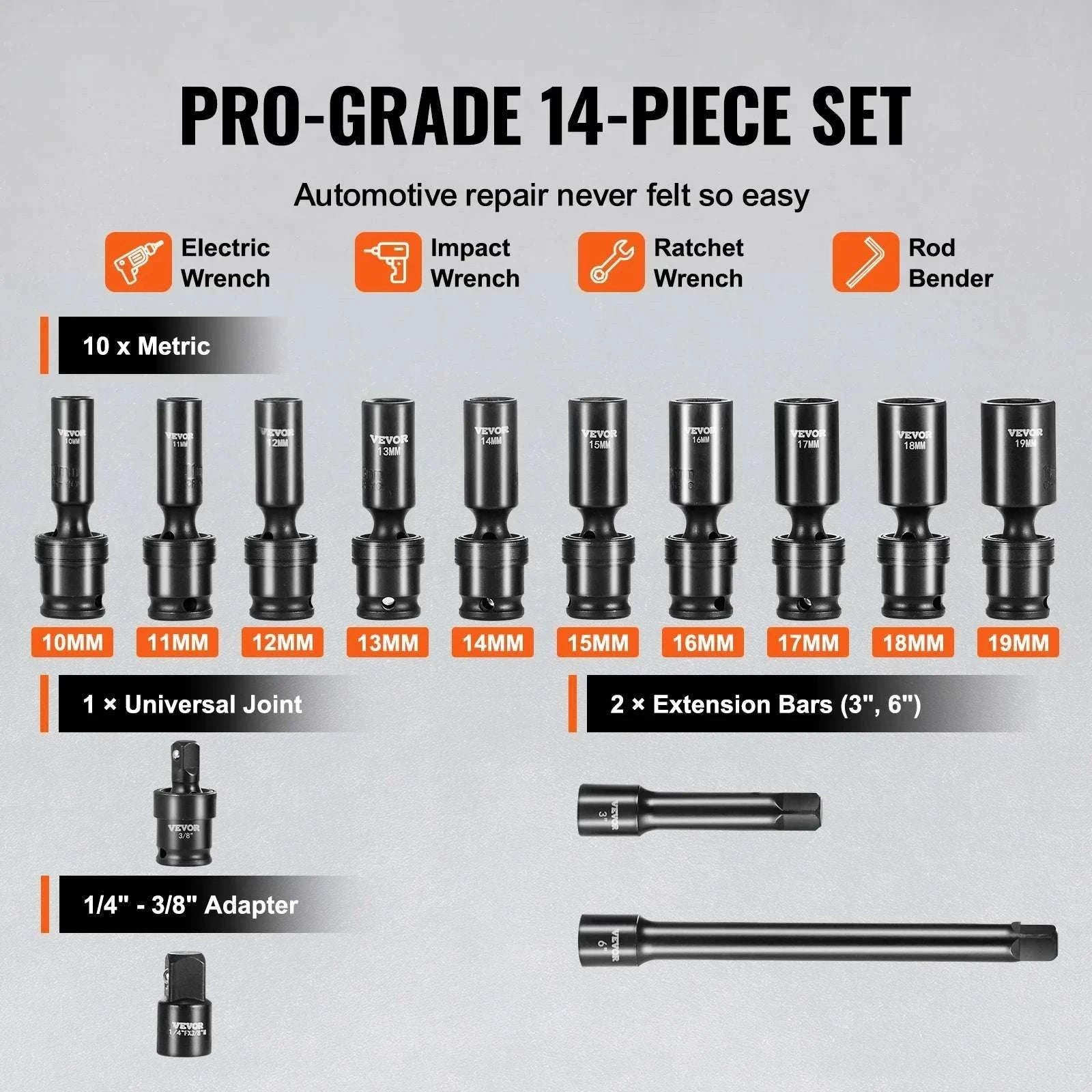 3/8" Swivel Impact Socket Set 14-Piece Metric 10–19mm Cr-Mo-14pcs / United States