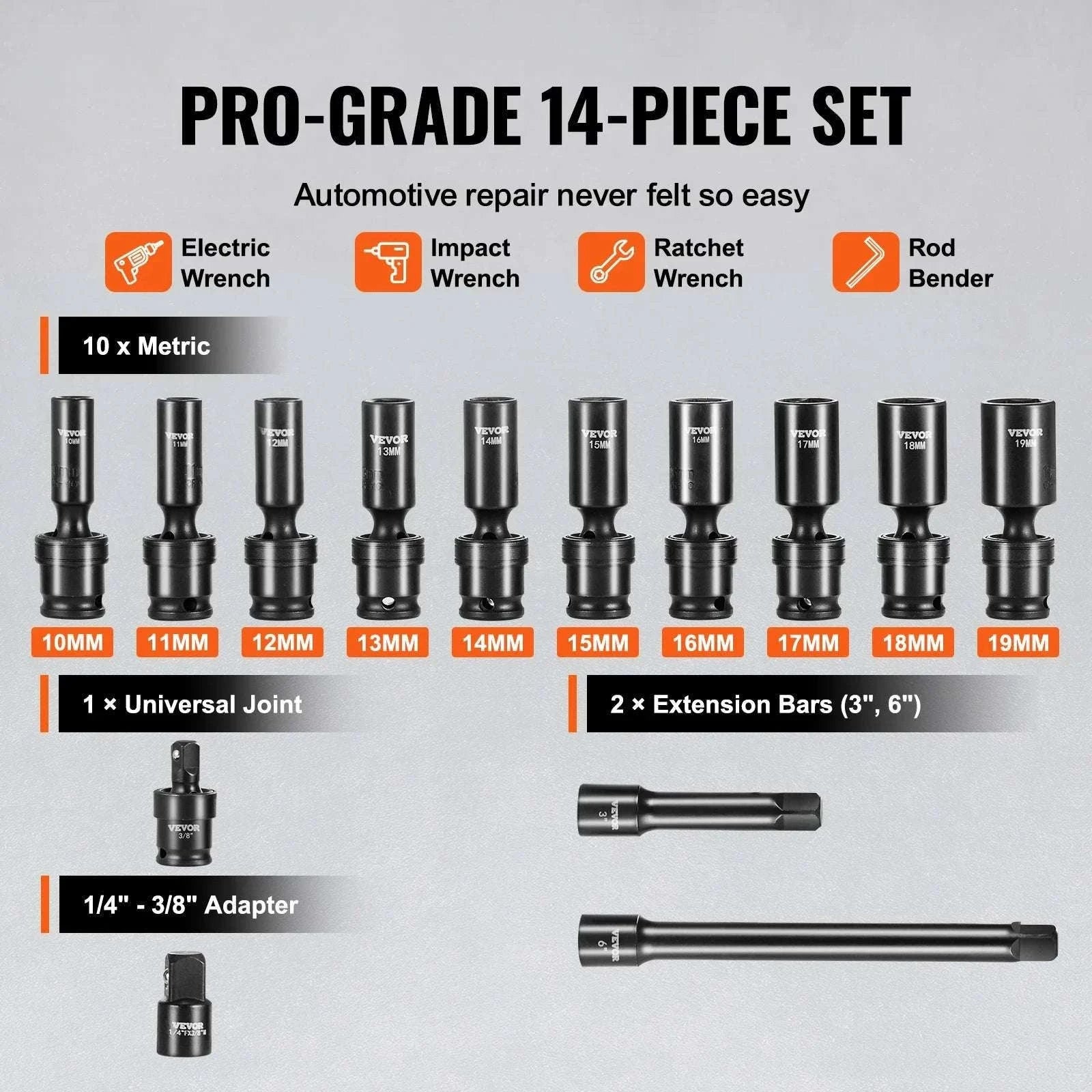 3/8" Swivel Impact Socket Set 14pc Metric 10–19mm Cr-Mo Steel-spain