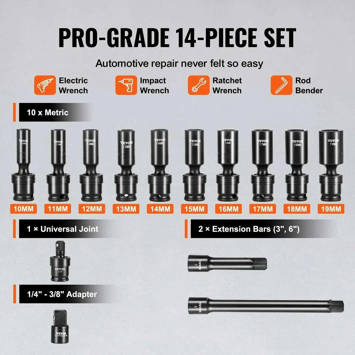 3/8" Swivel Impact Socket Set 14pc Metric 10–19mm Cr-Mo Steel-spain