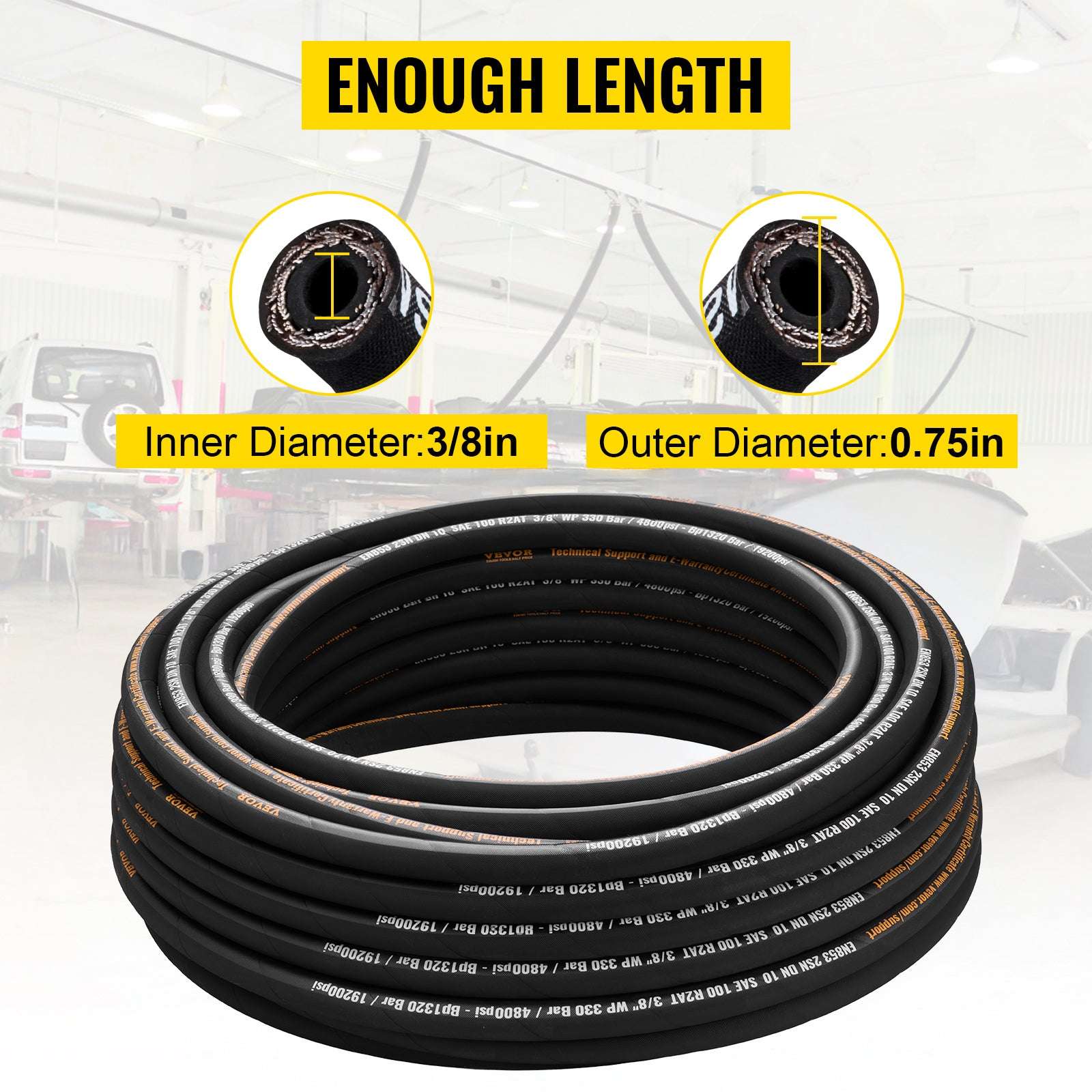 3/8" x 100 ft Hydraulic Hose 4800 PSI Rubber High-Strength Line-United States / 0.75 inch x 100 ft
