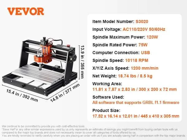 3-Axis CNC Router Machine GRBL Wood Engraving & Milling Kit-30 x 20 cm 120 W / GERMANY