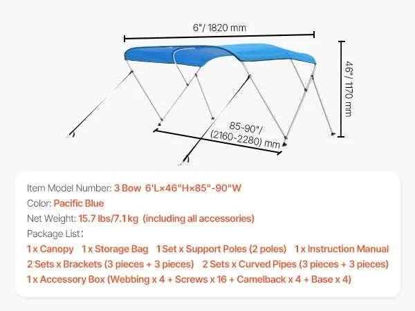 3 Bow Boat Bimini Top 600D Waterproof Sun Shade Canopy-67-72in Pacific Blue / United States